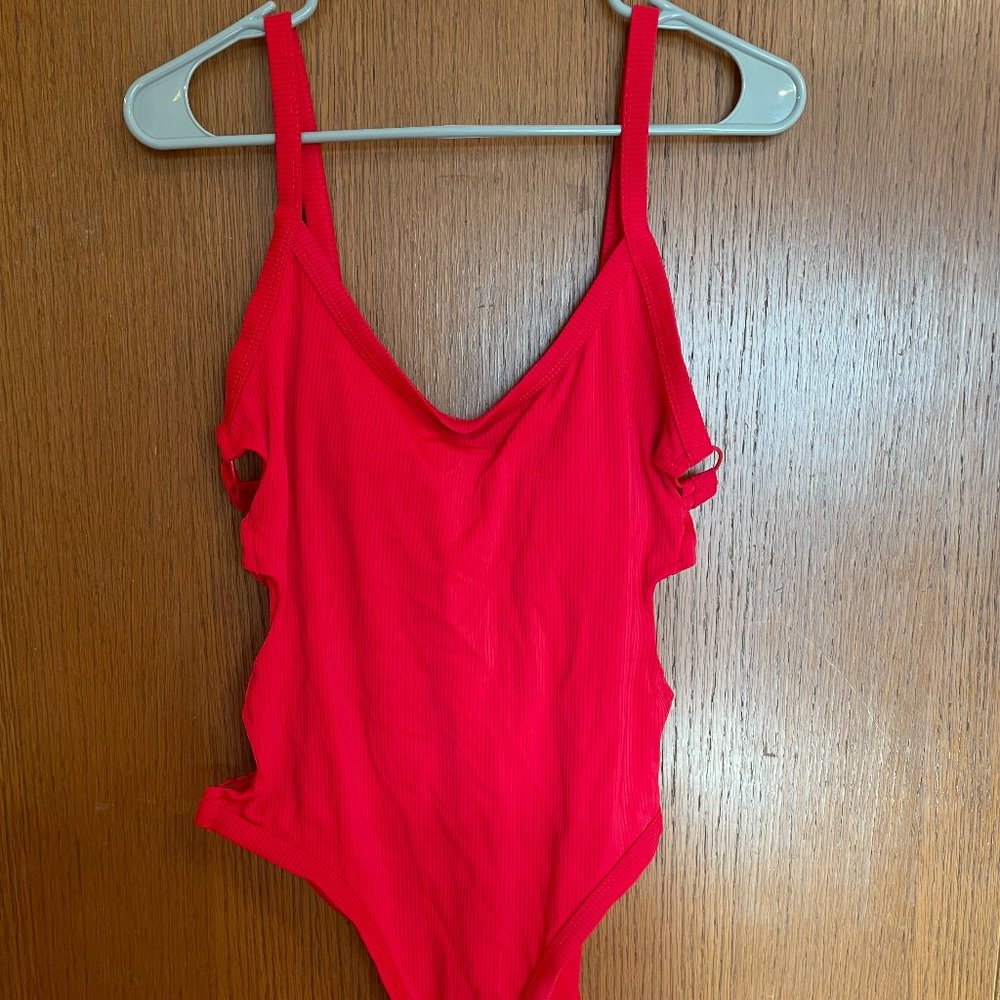 Summer Fun Red Onepiece Swim Suit with Decorative Cut Outs